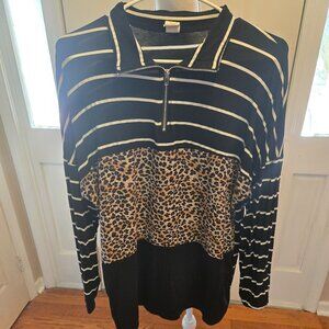 Sunshine & Rodeo M top in black & white stripes with leopard accents. Zip top